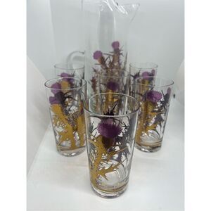 Gregory Duncan Signed PURPLE THISTLE 22K GOLD STEM LEAVES 11” Pitcher &6 Glasses